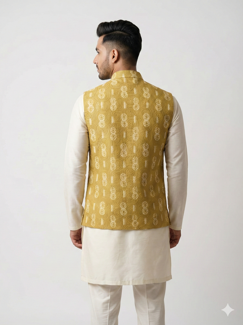 Mustard rajputana sunburst nehru jacket/waistcoat/bandhgala