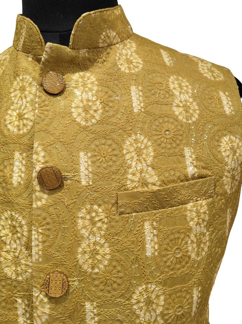 Mustard rajputana sunburst nehru jacket/waistcoat/bandhgala