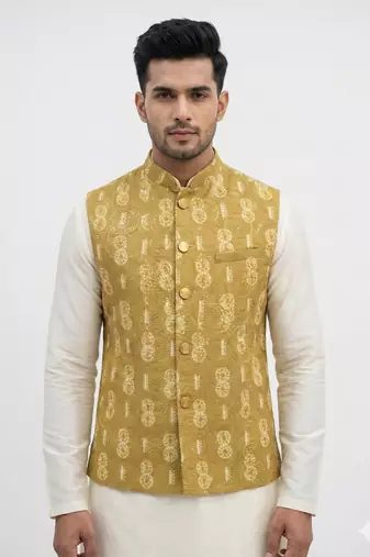 mustard silk blend nehru jacket with sequin work