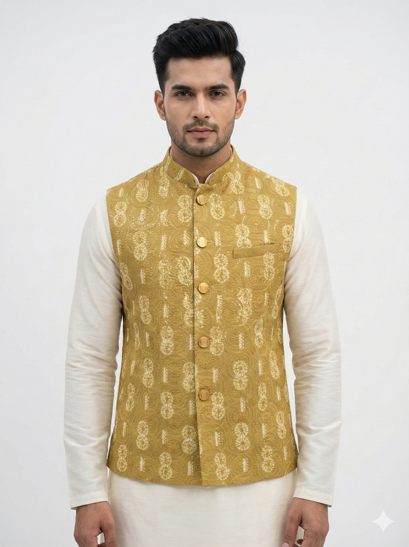 Mustard rajputana sunburst nehru jacket/waistcoat/bandhgala
