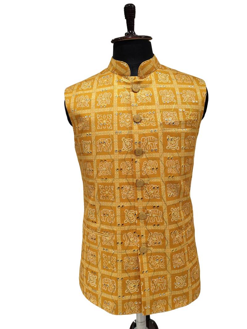 Mustard surya mandala heritage nehru jacket/waistcoat/bandhgala