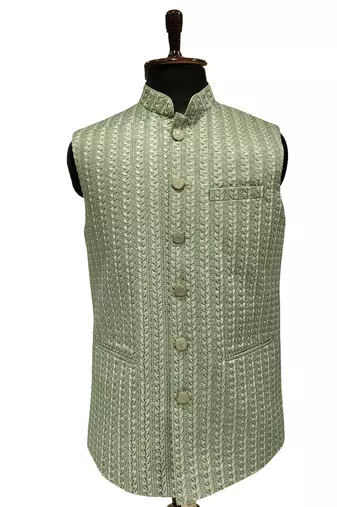 Pista green verdant weave nehru jacket/waistcoat/bandhgala
