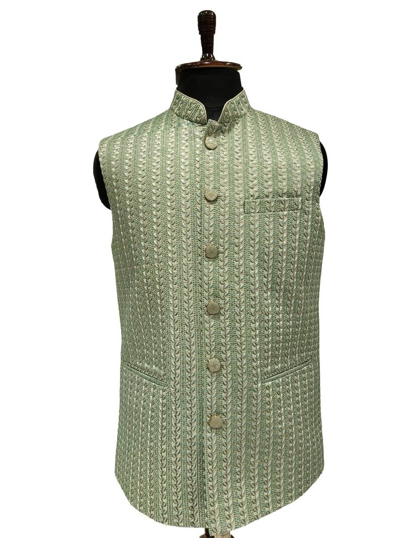 Pista green verdant weave nehru jacket/waistcoat/bandhgala