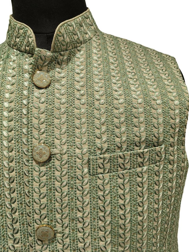 Pista green verdant weave nehru jacket/waistcoat/bandhgala