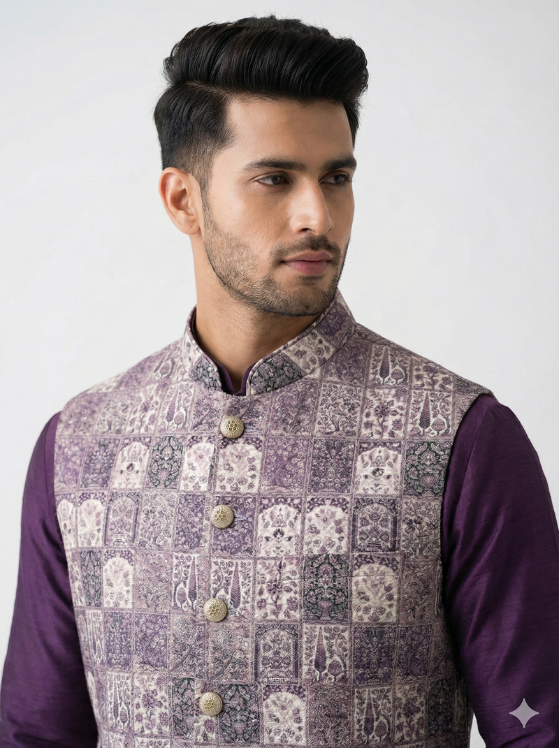 lavender tapestry nehru jacket for men
