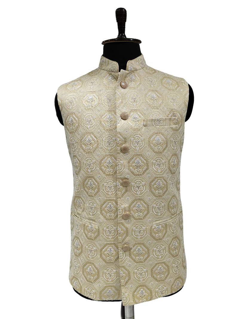 Beige regal beige brocade nehru jacket/waistcoat/bandhgala