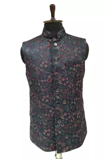Indigo regal flora nehru jacket/waistcoat/bandhgala