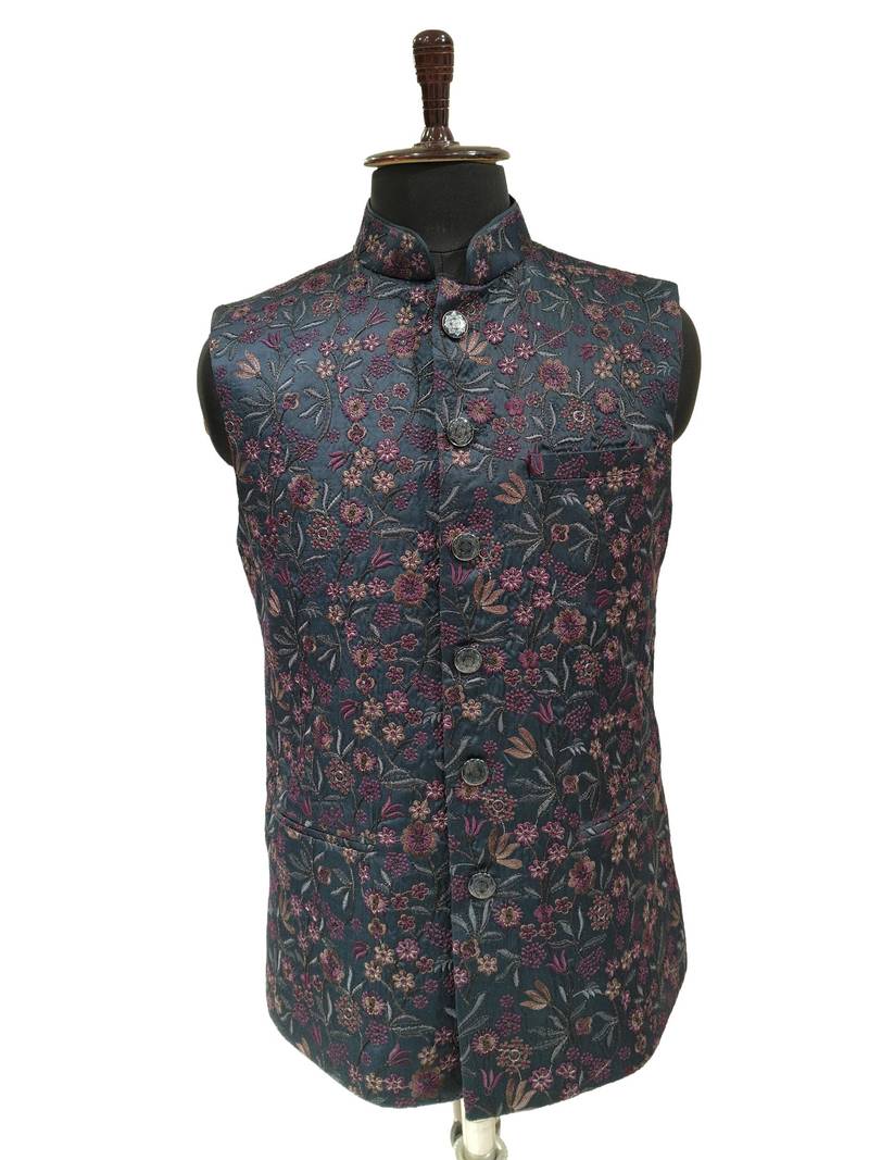 Indigo regal flora nehru jacket/waistcoat/bandhgala
