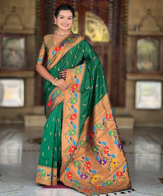 green faux banarasi silk blend saree with paithani rich weaved pallu and blouse 1