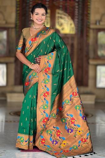 green  faux banarasi silk blend saree with paithani rich weaved pallu and blouse