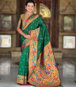 green  faux banarasi silk blend saree with paithani rich weaved pallu and blouse