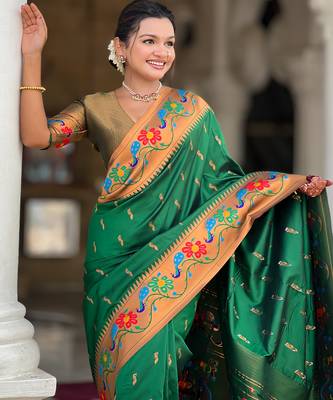 green faux banarasi silk blend saree with paithani rich weaved pallu and blouse 2
