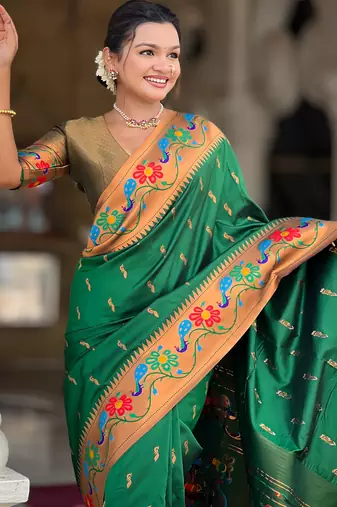 green faux banarasi silk blend saree with paithani rich weaved pallu and blouse