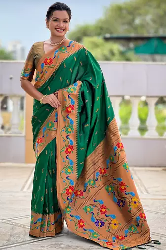 green faux banarasi silk blend saree with paithani rich weaved pallu and blouse