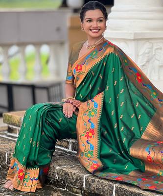 green faux banarasi silk blend saree with paithani rich weaved pallu and blouse 4