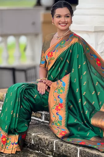 green faux banarasi silk blend saree with paithani rich weaved pallu and blouse