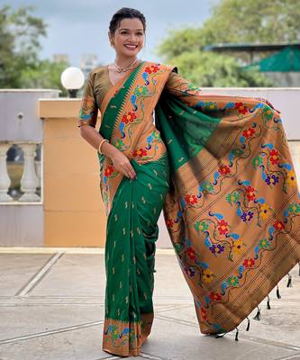 green faux banarasi silk blend saree with paithani rich weaved pallu and blouse 5
