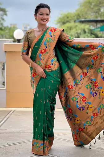 green faux banarasi silk blend saree with paithani rich weaved pallu and blouse