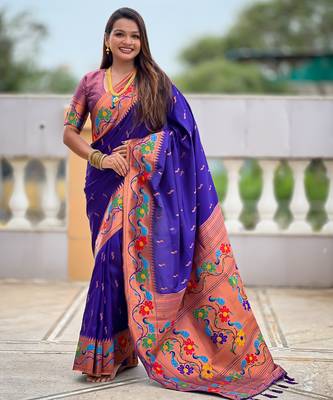 violet faux banarasi silk blend saree with paithani rich weaved pallu and blouse 2