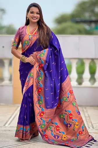 violet faux banarasi silk blend saree with paithani rich weaved pallu and blouse