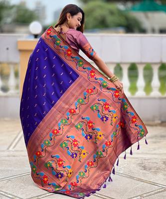 violet faux banarasi silk blend saree with paithani rich weaved pallu and blouse 3