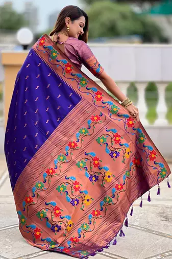 violet faux banarasi silk blend saree with paithani rich weaved pallu and blouse