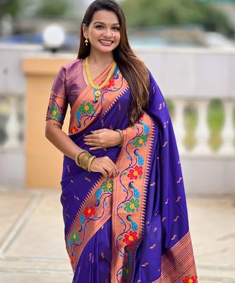 violet faux banarasi silk blend saree with paithani rich weaved pallu and blouse 4