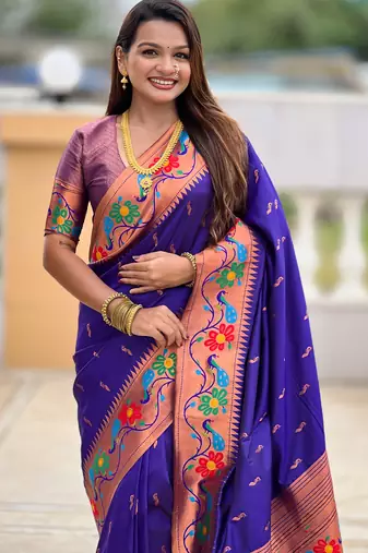 violet faux banarasi silk blend saree with paithani rich weaved pallu and blouse