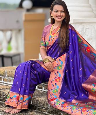 violet faux banarasi silk blend saree with paithani rich weaved pallu and blouse 5
