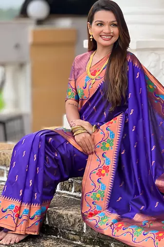 violet faux banarasi silk blend saree with paithani rich weaved pallu and blouse