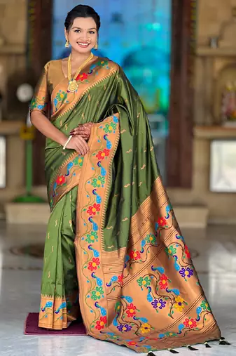 parrot green  faux banarasi silk blend saree with paithani rich weaved pallu and blouse