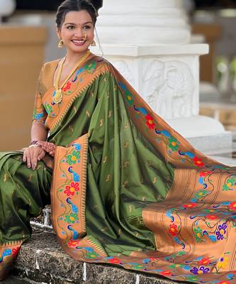 parrot green faux banarasi silk blend saree with paithani rich weaved pallu and blouse 2