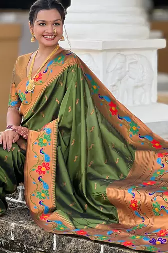 parrot green faux banarasi silk blend saree with paithani rich weaved pallu and blouse