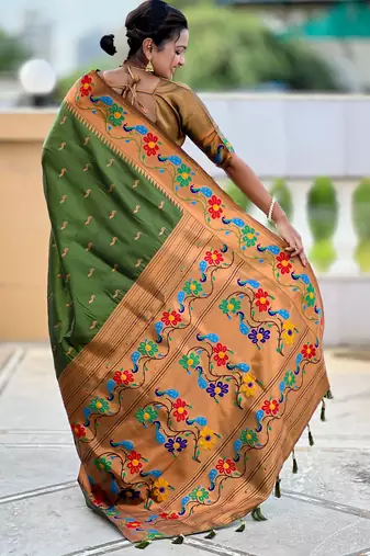 parrot green faux banarasi silk blend saree with paithani rich weaved pallu and blouse