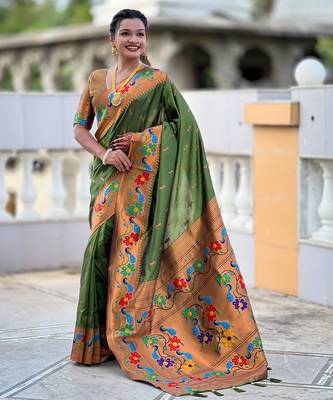 parrot green faux banarasi silk blend saree with paithani rich weaved pallu and blouse 4