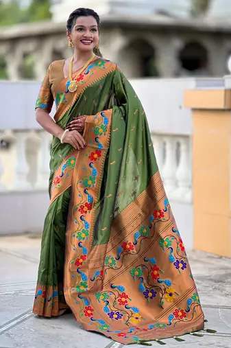 parrot green faux banarasi silk blend saree with paithani rich weaved pallu and blouse