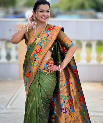 parrot green faux banarasi silk blend saree with paithani rich weaved pallu and blouse 5
