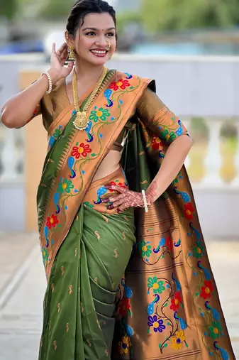 parrot green faux banarasi silk blend saree with paithani rich weaved pallu and blouse