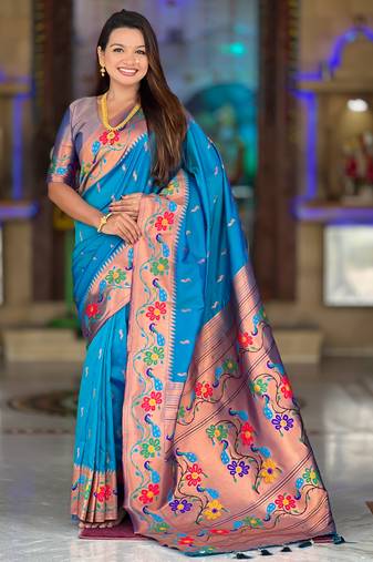 sky blue faux banarasi silk blend saree with paithani rich weaved pallu and blouse