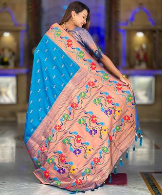 sky blue faux banarasi silk blend saree with paithani rich weaved pallu and blouse 2