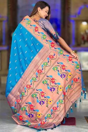 sky blue faux banarasi silk blend saree with paithani rich weaved pallu and blouse