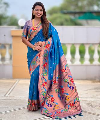 sky blue faux banarasi silk blend saree with paithani rich weaved pallu and blouse 4