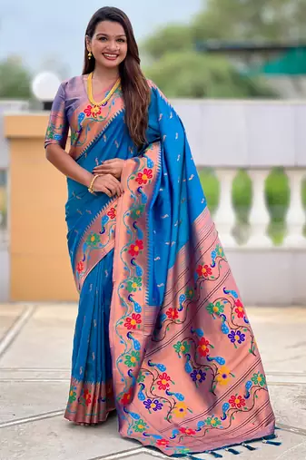 sky blue faux banarasi silk blend saree with paithani rich weaved pallu and blouse