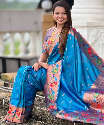 sky blue faux banarasi silk blend saree with paithani rich weaved pallu and blouse 5