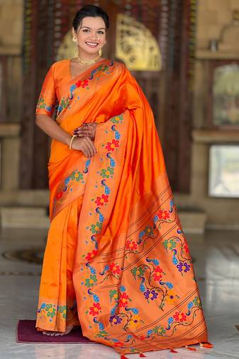 orange   faux banarasi silk blend saree with paithani rich weaved pallu and blouse