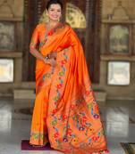 orange   faux banarasi silk blend saree with paithani rich weaved pallu and blouse