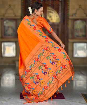 orange  faux banarasi silk blend saree with paithani rich weaved pallu and blouse 2