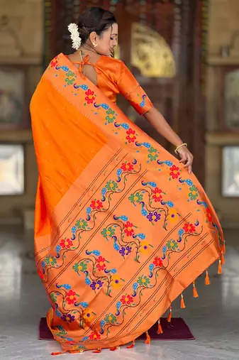 orange  faux banarasi silk blend saree with paithani rich weaved pallu and blouse