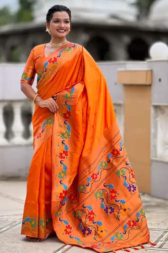 orange  faux banarasi silk blend saree with paithani rich weaved pallu and blouse