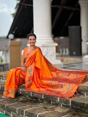 orange  faux banarasi silk blend saree with paithani rich weaved pallu and blouse 4